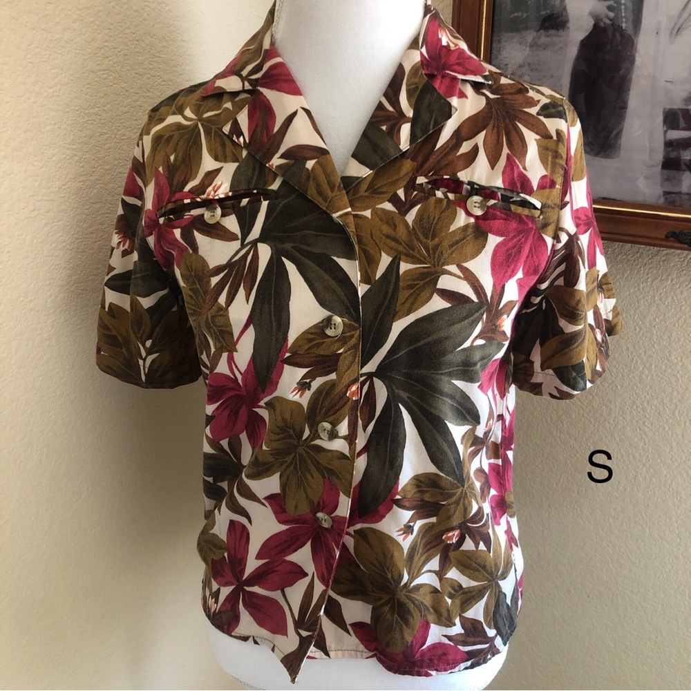 Tropical Floral Button-Up Shirt in Olive, Burgundy & Cream